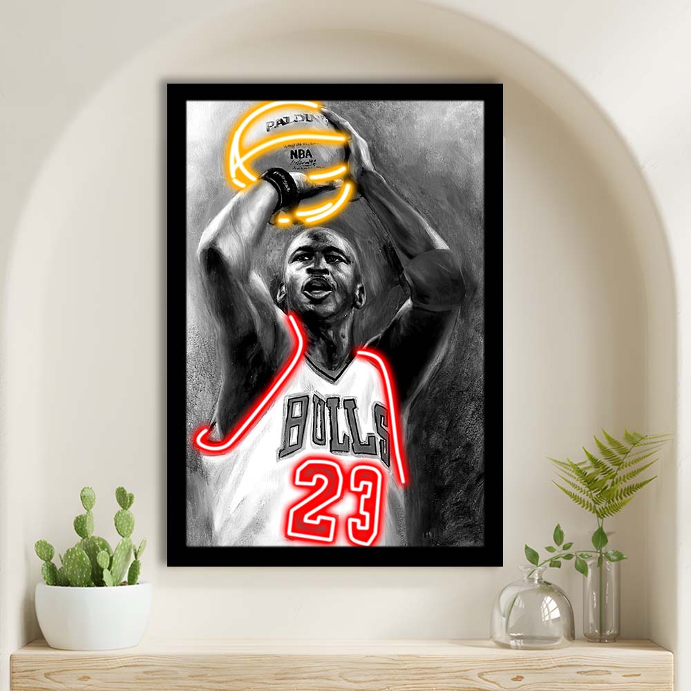 Sport MJ, Neon Sign Effect, Framed Art Print, Picture Framed Wall Art Decor