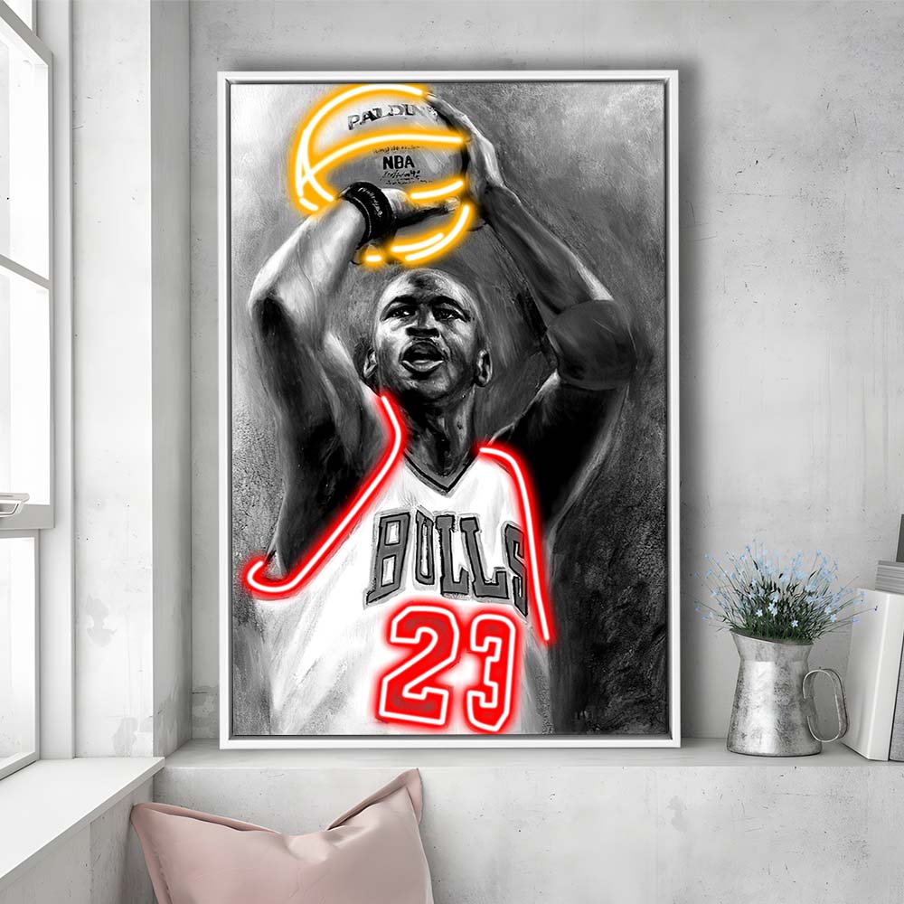 Sport MJ, Neon Sign Effect, Framed Canvas Print, Floating Frame, Luxury Wall Art Decor