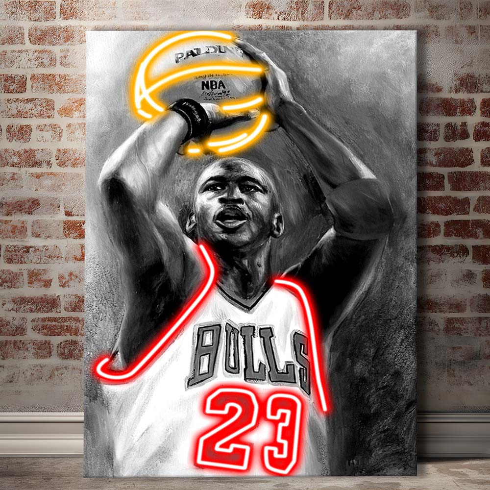 Sport MJ, Neon Sign Effect, Canvas Print, Luxury Wall Art Decor, Modern Art
