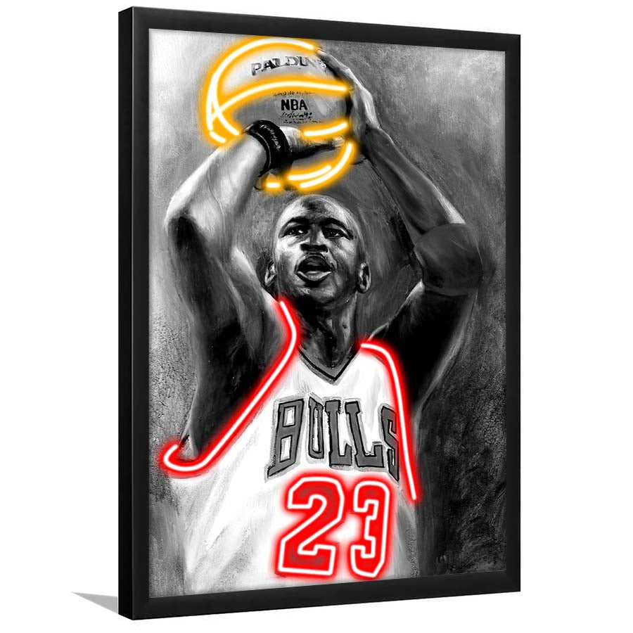 Sport MJ, Neon Sign Effect, Framed Art Print, Picture Framed Wall Art Decor
