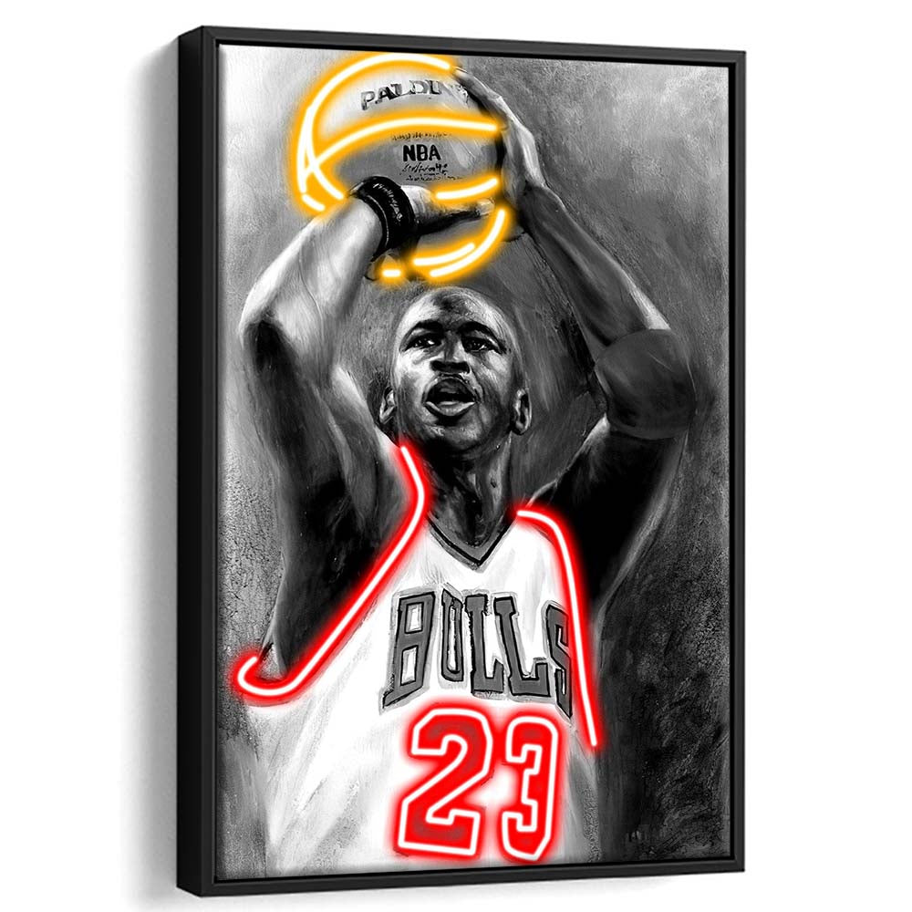 Sport MJ, Neon Sign Effect, Framed Canvas Print, Floating Frame, Luxury Wall Art Decor