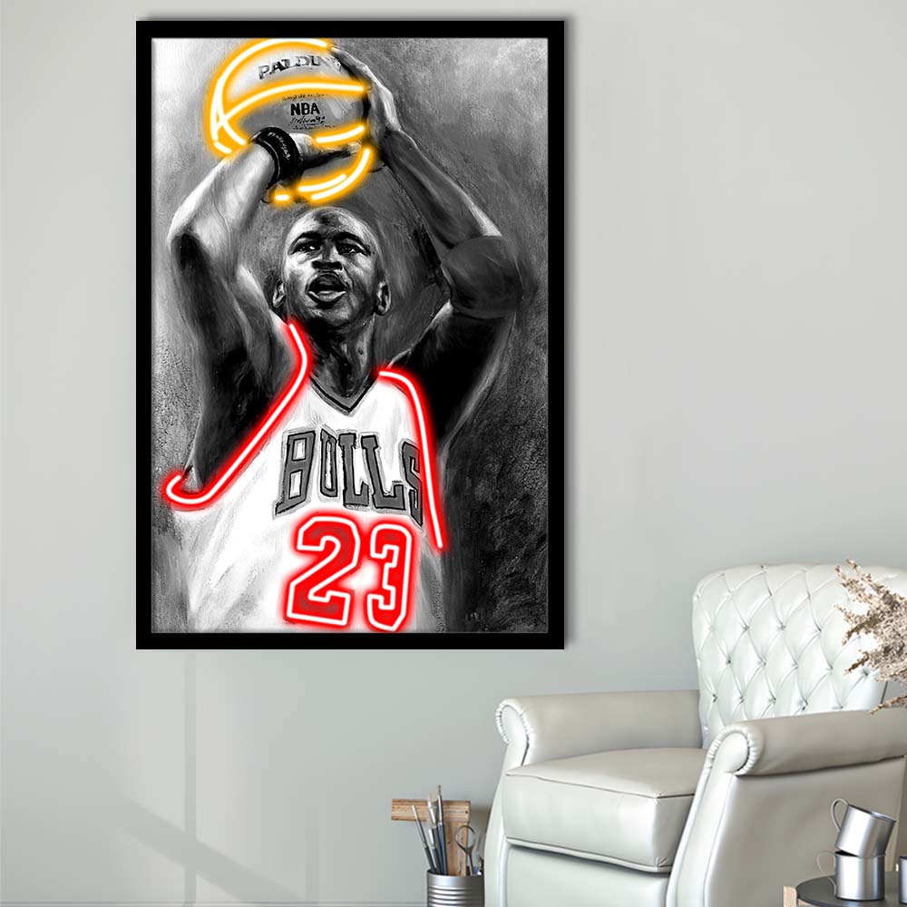 Sport MJ, Neon Sign Effect, Framed Art Print, Picture Framed Wall Art Decor