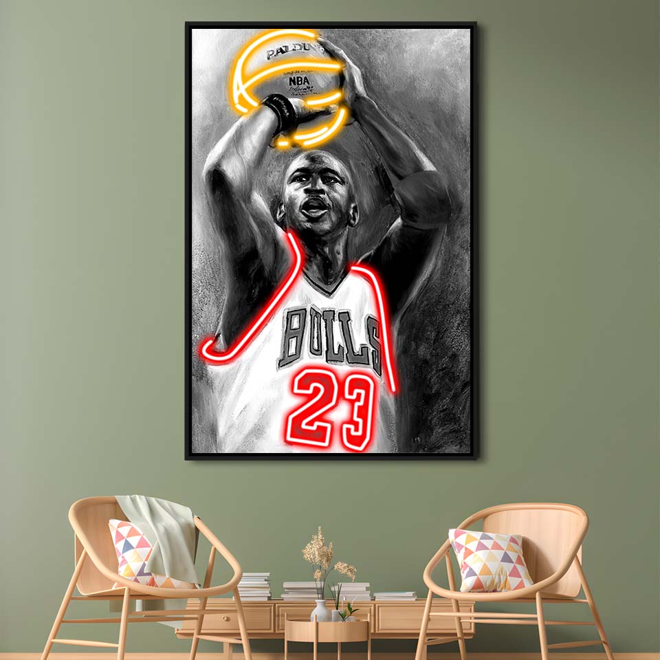Sport MJ, Neon Sign Effect, Framed Canvas Print, Floating Frame, Luxury Wall Art Decor