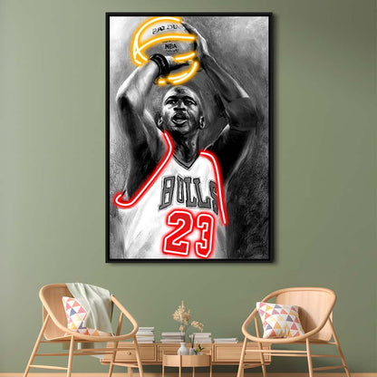 Sport MJ, Neon Sign Effect, Framed Canvas Print, Floating Frame, Luxury Wall Art Decor