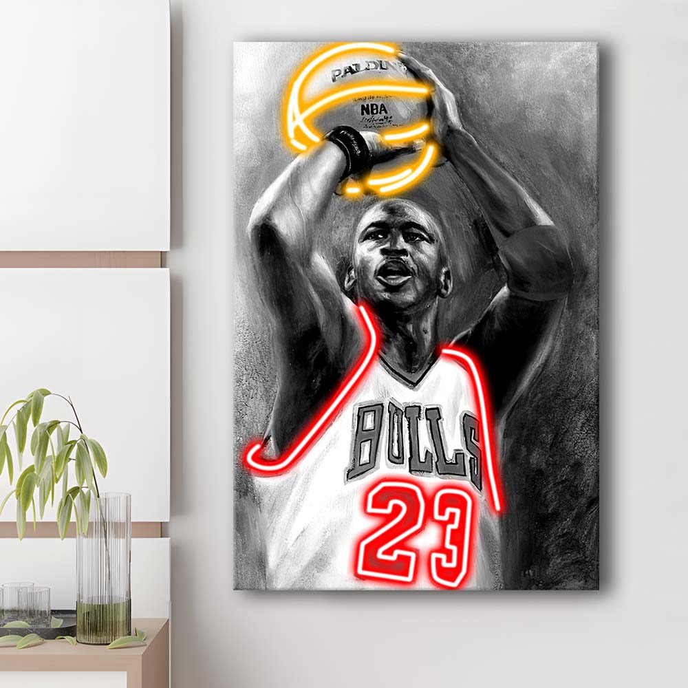 Sport MJ, Neon Sign Effect, Canvas Print, Luxury Wall Art Decor, Modern Art