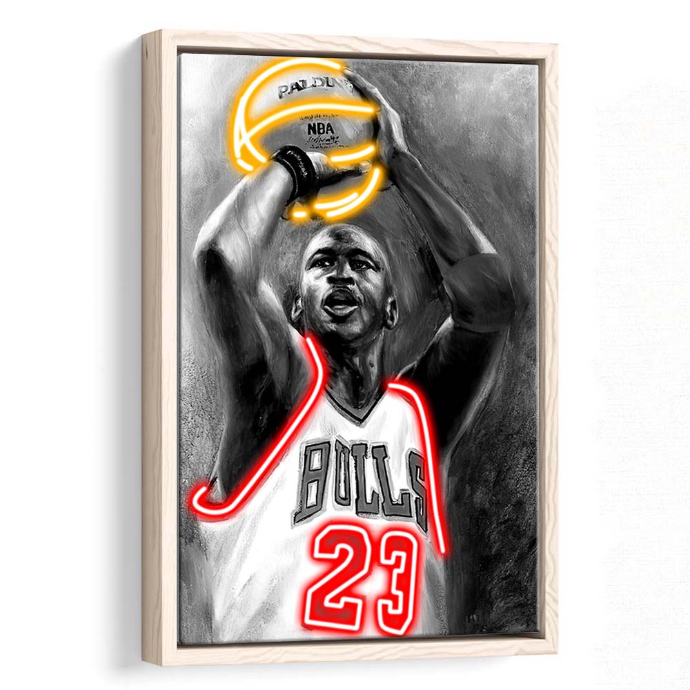 Sport MJ, Neon Sign Effect, Framed Canvas Print, Floating Frame, Luxury Wall Art Decor