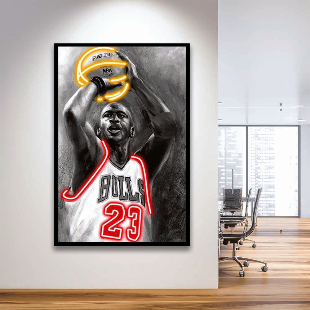 Sport MJ, Neon Sign Effect, Framed Art Print, Picture Framed Wall Art Decor