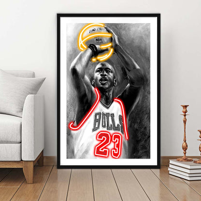 Sport MJ, Neon Sign Effect, Framed Art Print, Luxury Pictures Framed, White Border