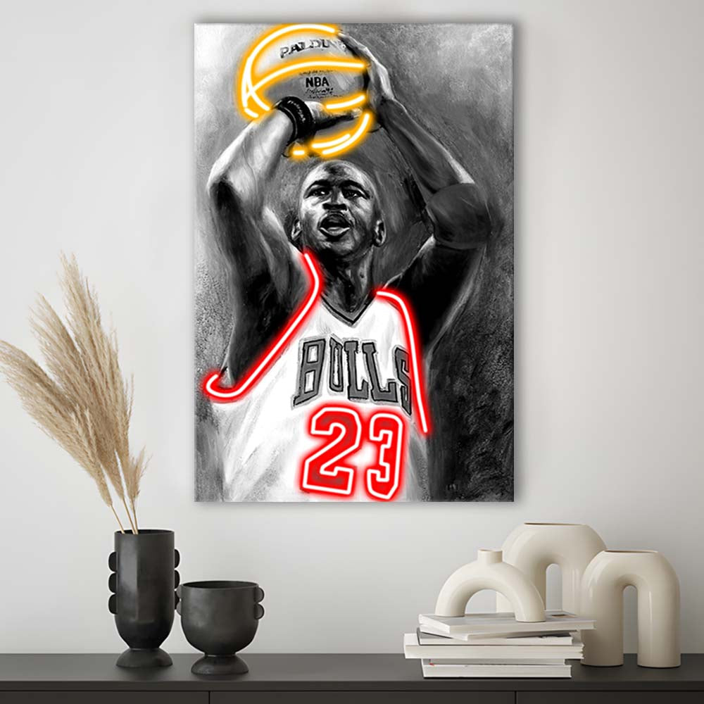 Sport MJ, Neon Sign Effect, Canvas Print, Luxury Wall Art Decor, Modern Art