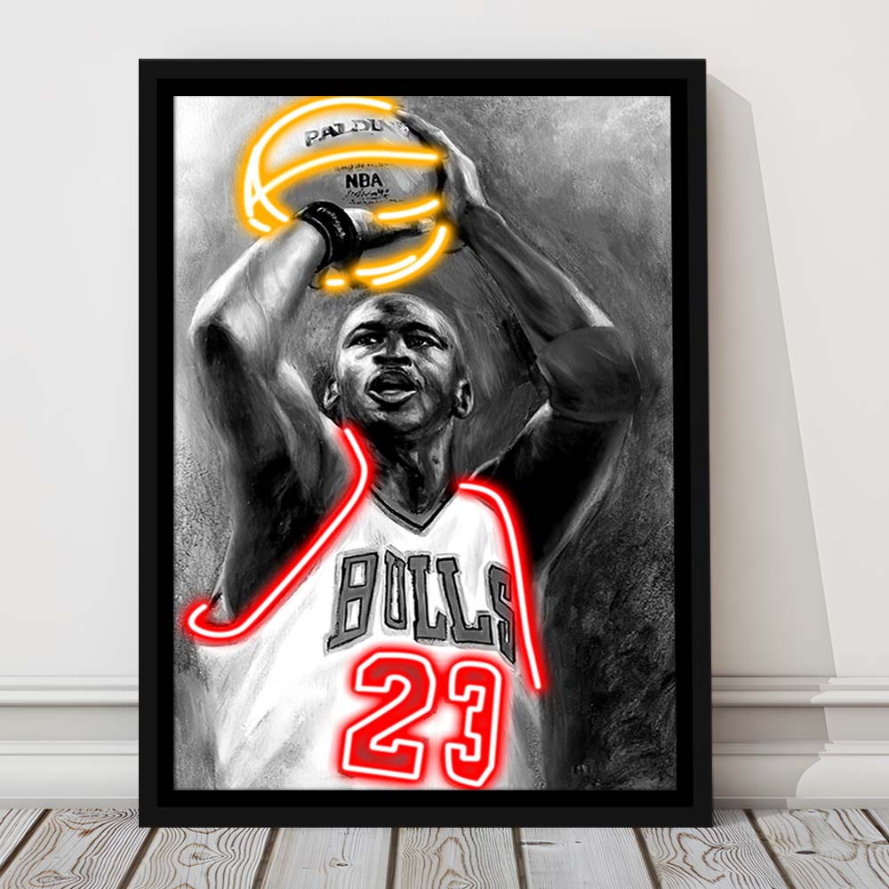 Sport MJ, Neon Sign Effect, Framed Canvas Print, Floating Frame, Luxury Wall Art Decor