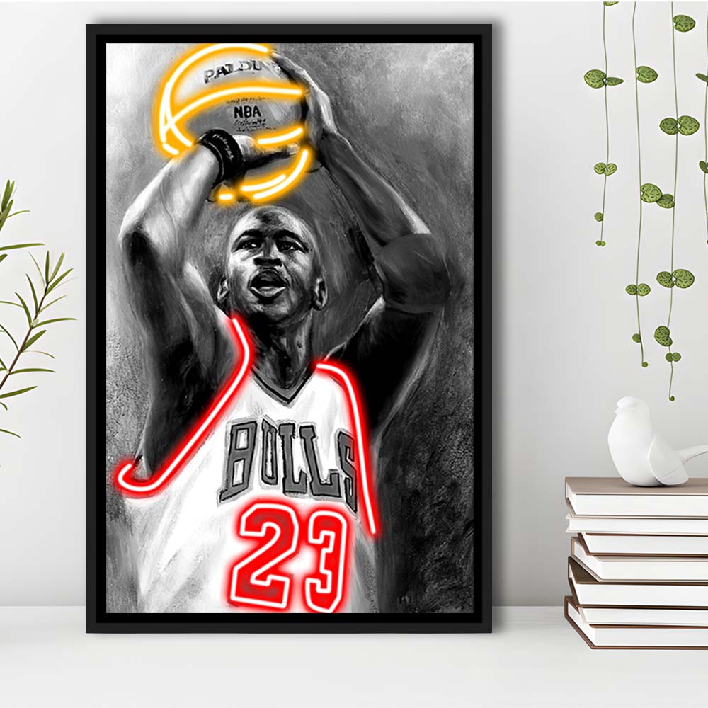 Sport MJ, Neon Sign Effect, Framed Canvas Print, Floating Frame, Luxury Wall Art Decor