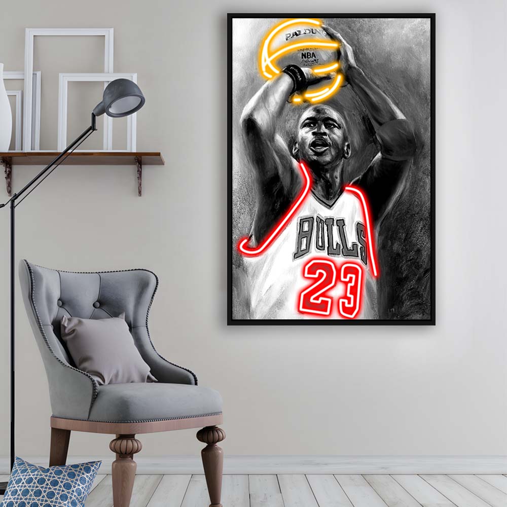 Sport MJ, Neon Sign Effect, Framed Canvas Print, Floating Frame, Luxury Wall Art Decor