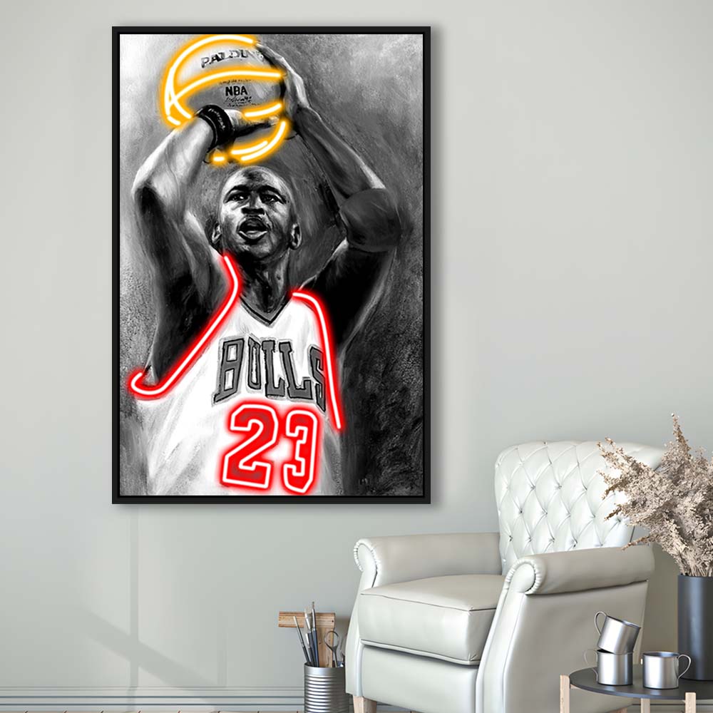 Sport MJ, Neon Sign Effect, Framed Canvas Print, Floating Frame, Luxury Wall Art Decor