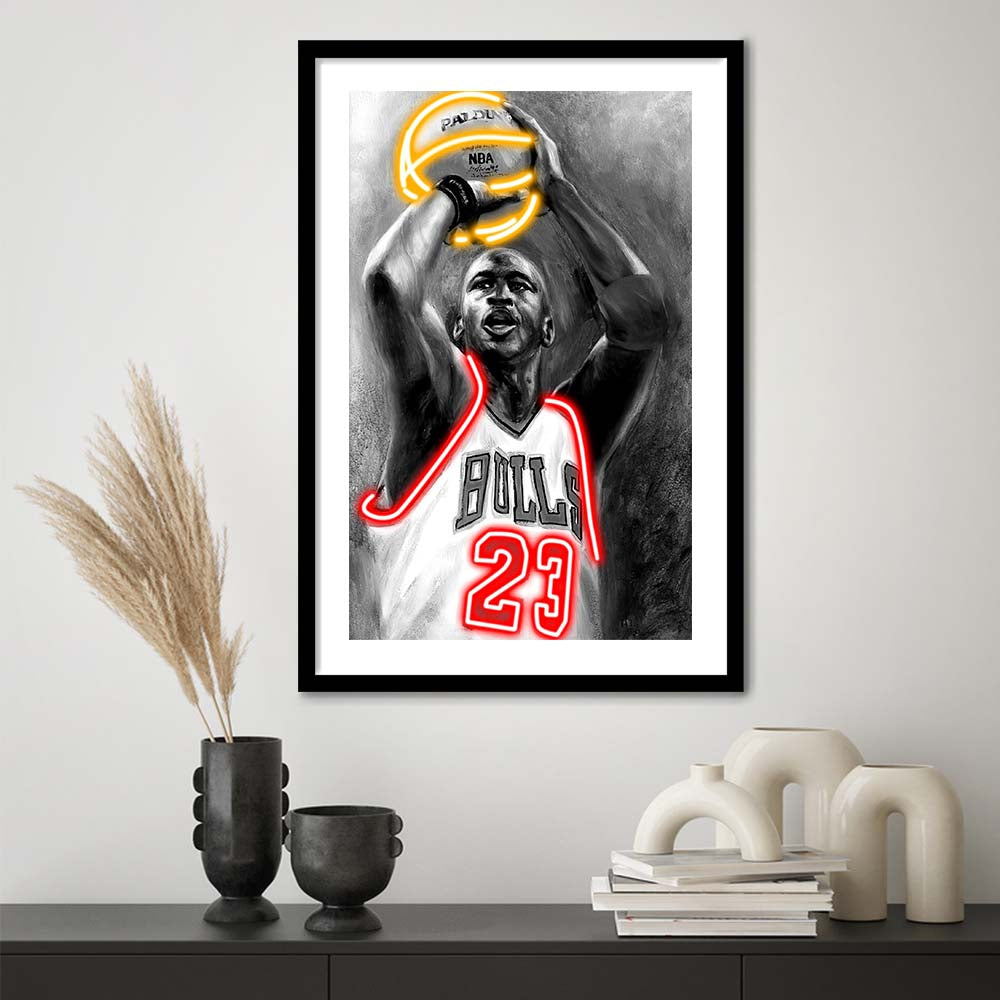 Sport MJ, Neon Sign Effect, Framed Art Print, Luxury Pictures Framed, White Border