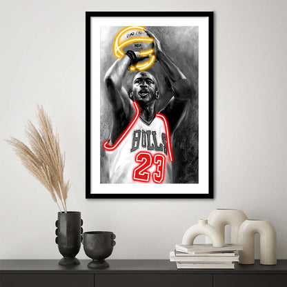 Sport MJ, Neon Sign Effect, Framed Art Print, Luxury Pictures Framed, White Border