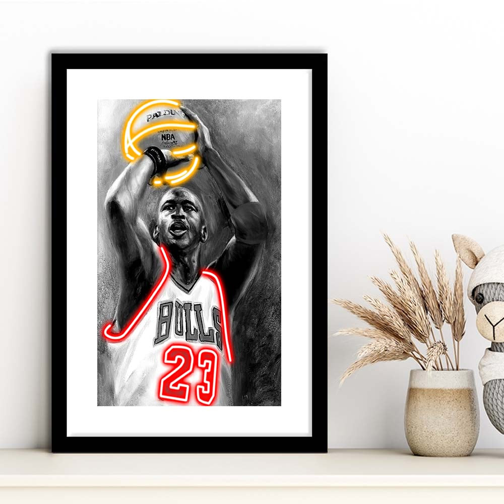 Sport MJ, Neon Sign Effect, Framed Art Print, Luxury Pictures Framed, White Border