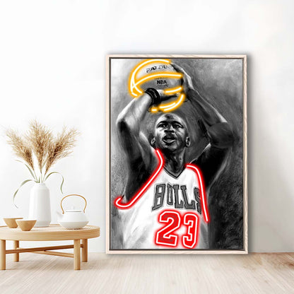 Sport MJ, Neon Sign Effect, Framed Canvas Print, Floating Frame, Luxury Wall Art Decor