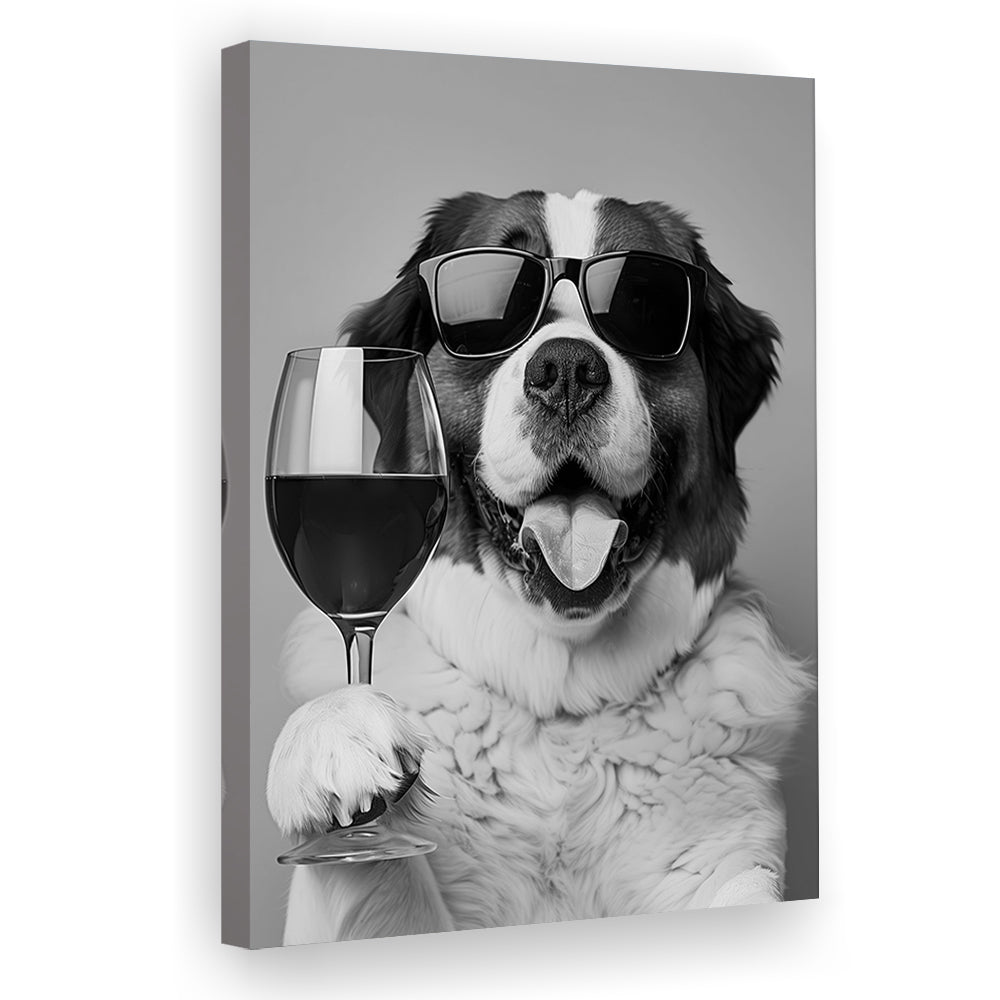 St Bernard and Wine Canvas Print Wall Art, Black and White, Saint Bernard Gift, Bar Cart Art, Kitchen Wall Decor