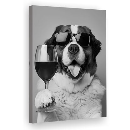 St Bernard and Wine Canvas Print Wall Art, Black and White, Saint Bernard Gift, Bar Cart Art, Kitchen Wall Decor