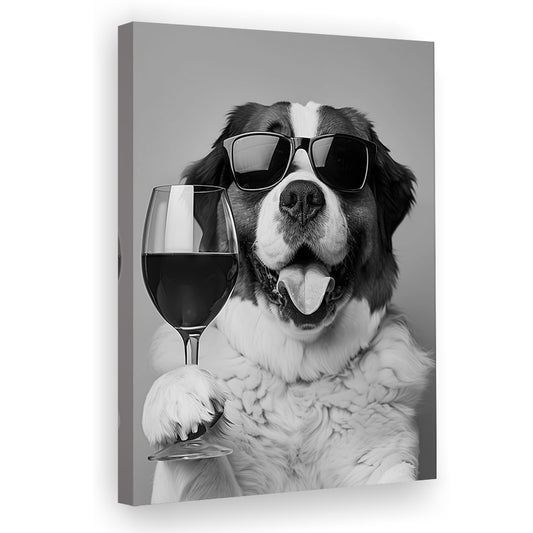 St Bernard and Wine Canvas Print Wall Art, Black and White, Saint Bernard Gift, Bar Cart Art, Kitchen Wall Decor