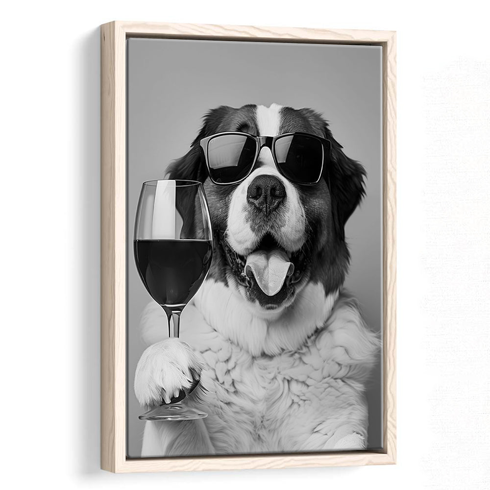 St Bernard and Wine Framed Canvas Print Wall Art, Black and White, Saint Bernard Gift, Bar Cart Art, Kitchen Wall Decor