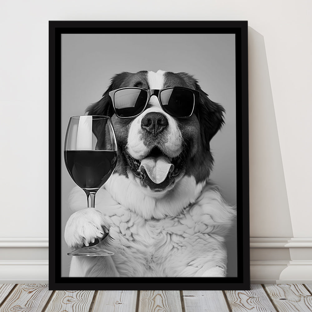 St Bernard and Wine Framed Canvas Print Wall Art, Black and White, Saint Bernard Gift, Bar Cart Art, Kitchen Wall Decor