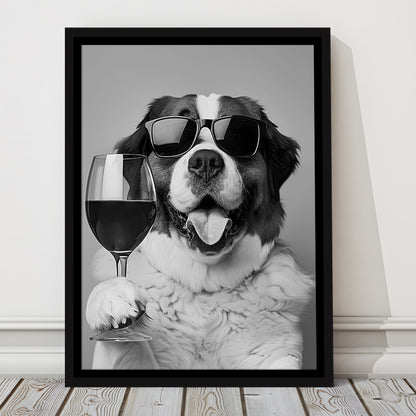 St Bernard and Wine Framed Canvas Print Wall Art, Black and White, Saint Bernard Gift, Bar Cart Art, Kitchen Wall Decor