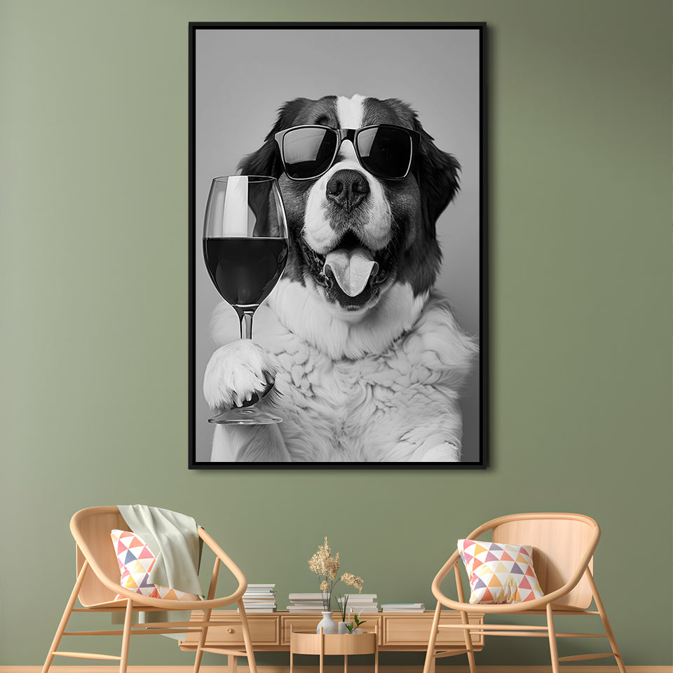 St Bernard and Wine Framed Canvas Print Wall Art, Black and White, Saint Bernard Gift, Bar Cart Art, Kitchen Wall Decor