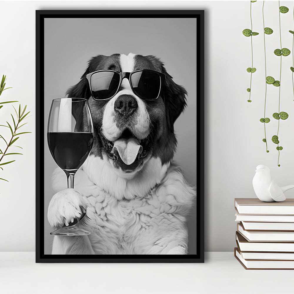 St Bernard and Wine Framed Canvas Print Wall Art, Black and White, Saint Bernard Gift, Bar Cart Art, Kitchen Wall Decor