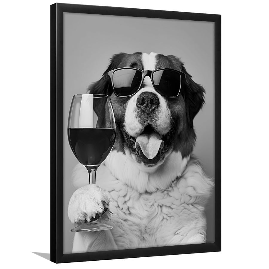 St Bernard and Wine Framed Art Print Wall Decor, Black and White, Saint Bernard Gift, Bar Cart Art, Kitchen Wall Decor