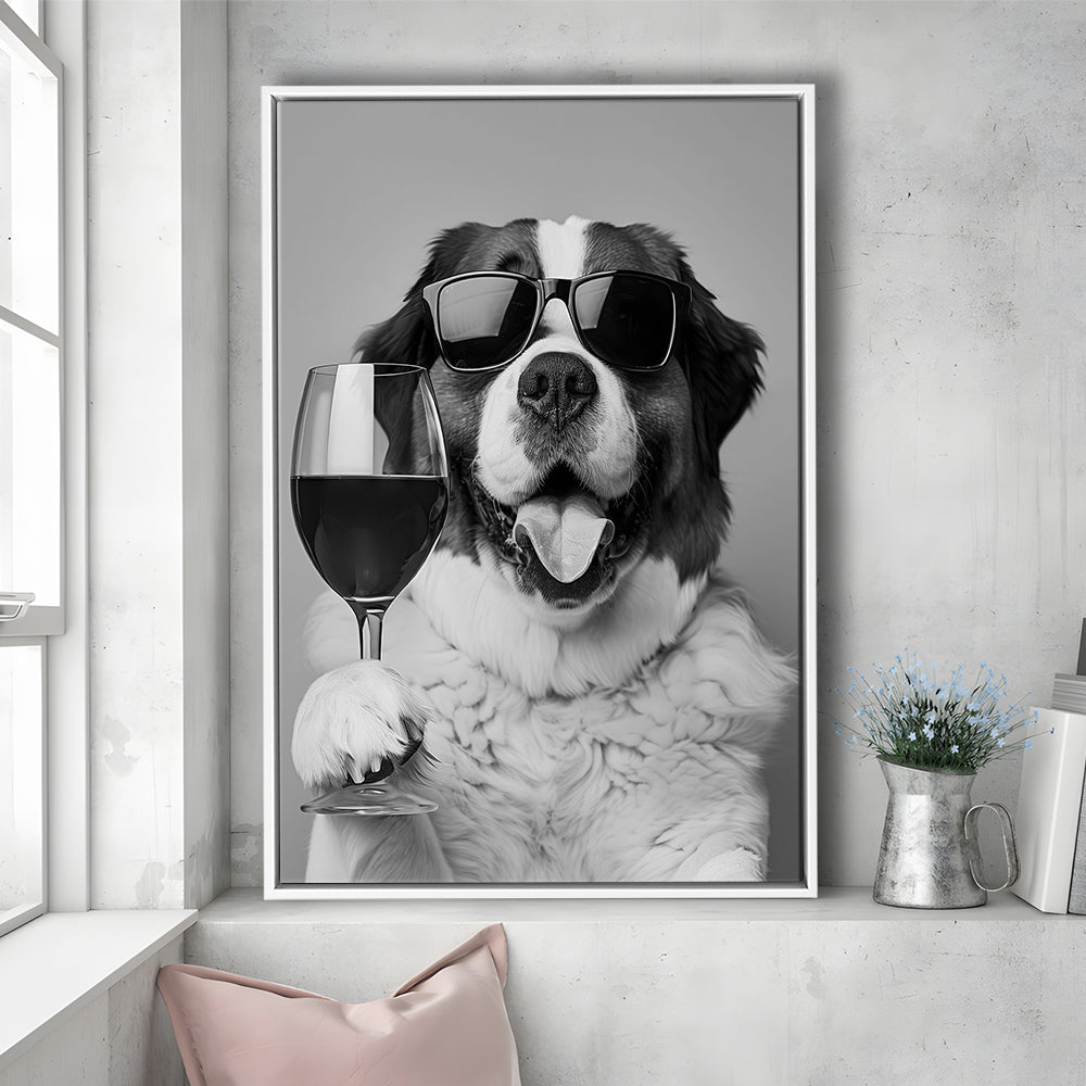 St Bernard and Wine Framed Canvas Print Wall Art, Black and White, Saint Bernard Gift, Bar Cart Art, Kitchen Wall Decor
