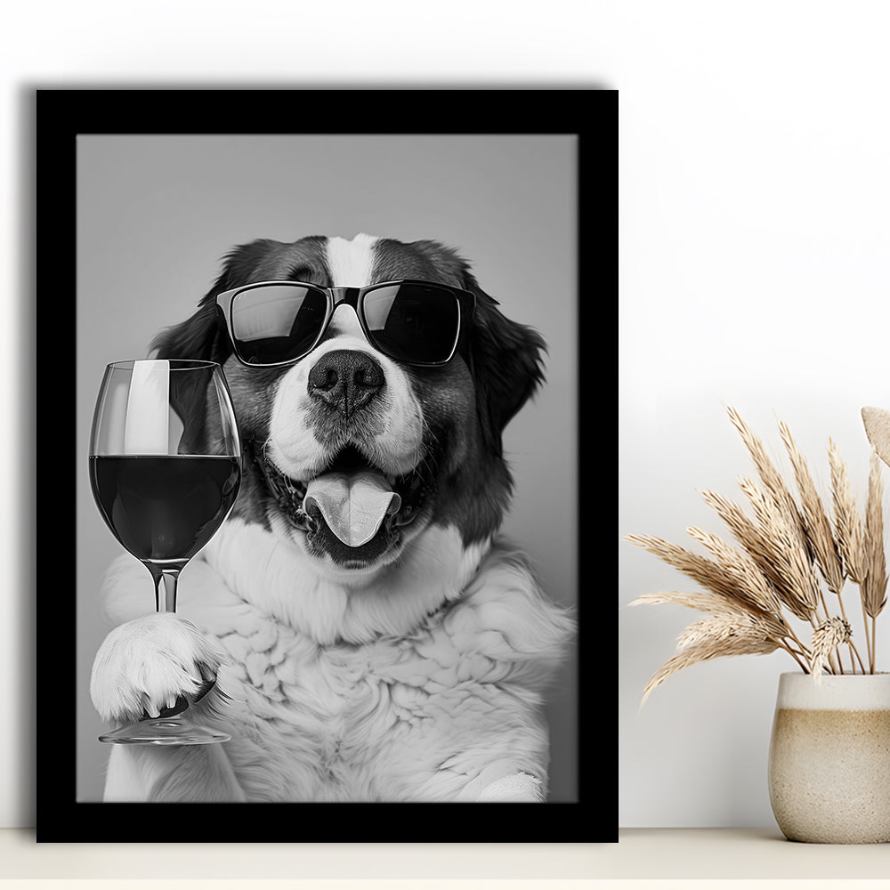 St Bernard and Wine Framed Art Print Wall Decor, Black and White, Saint Bernard Gift, Bar Cart Art, Kitchen Wall Decor