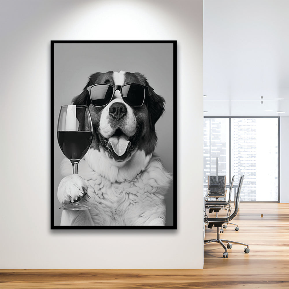 St Bernard and Wine Framed Art Print Wall Decor, Black and White, Saint Bernard Gift, Bar Cart Art, Kitchen Wall Decor