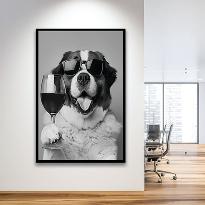 St Bernard and Wine Framed Art Print Wall Decor, Black and White, Saint Bernard Gift, Bar Cart Art, Kitchen Wall Decor