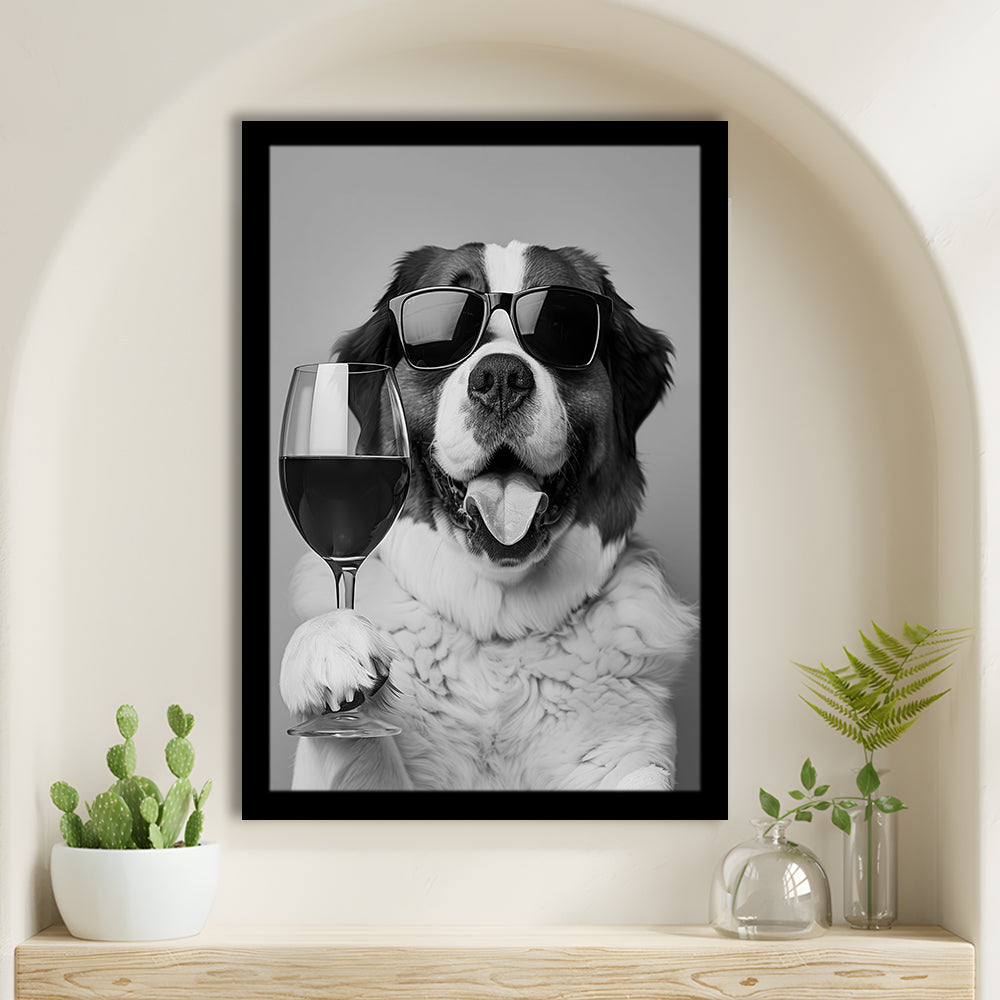 St Bernard and Wine Framed Art Print Wall Decor, Black and White, Saint Bernard Gift, Bar Cart Art, Kitchen Wall Decor