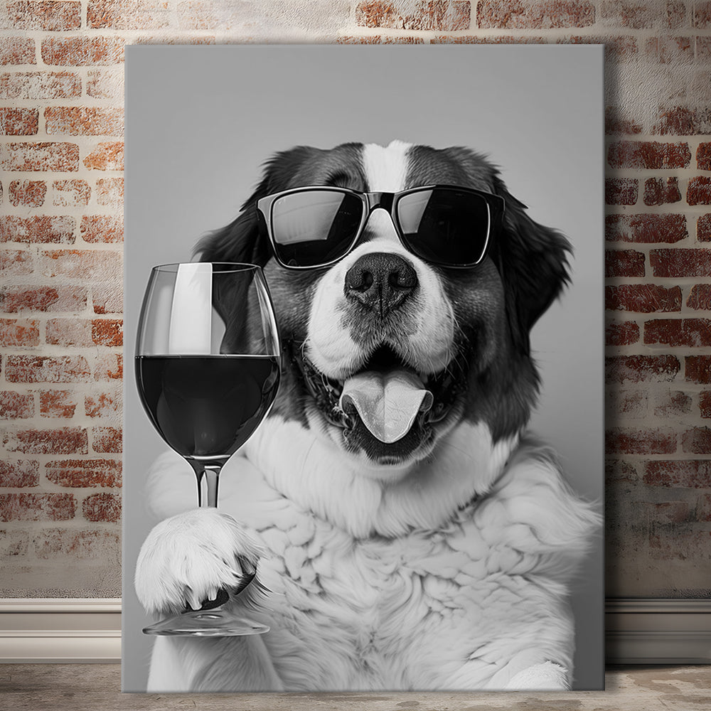 St Bernard and Wine Canvas Print Wall Art, Black and White, Saint Bernard Gift, Bar Cart Art, Kitchen Wall Decor