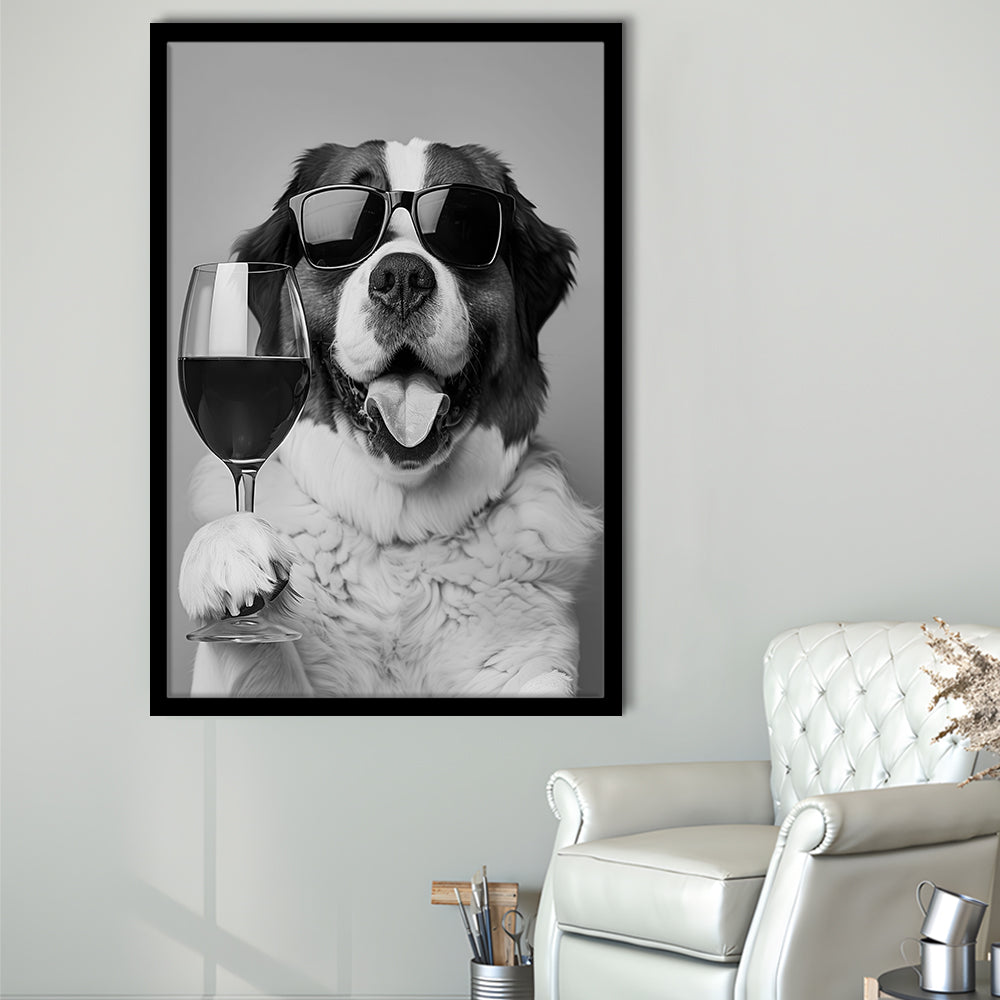 St Bernard and Wine Framed Art Print Wall Decor, Black and White, Saint Bernard Gift, Bar Cart Art, Kitchen Wall Decor