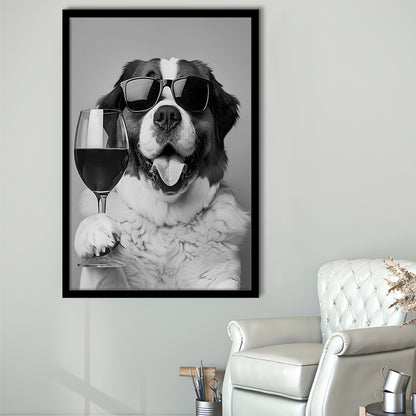 St Bernard and Wine Framed Art Print Wall Decor, Black and White, Saint Bernard Gift, Bar Cart Art, Kitchen Wall Decor