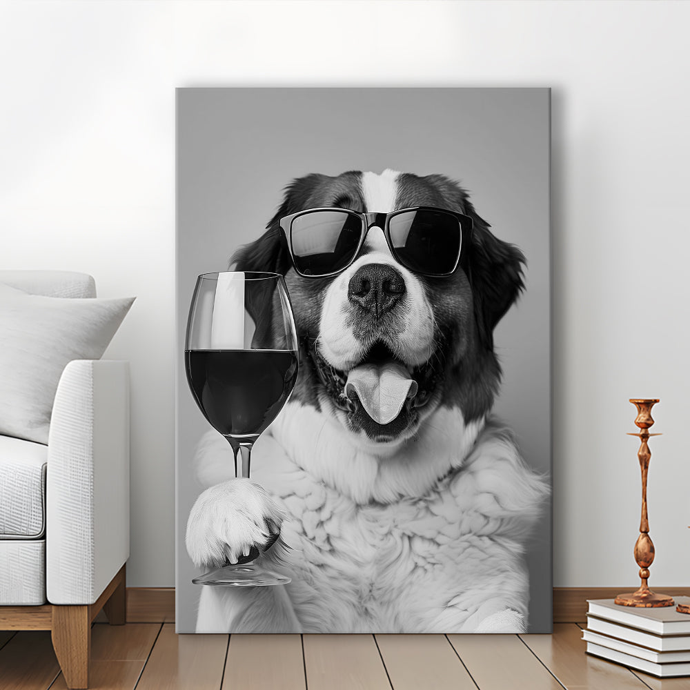 St Bernard and Wine Canvas Print Wall Art, Black and White, Saint Bernard Gift, Bar Cart Art, Kitchen Wall Decor