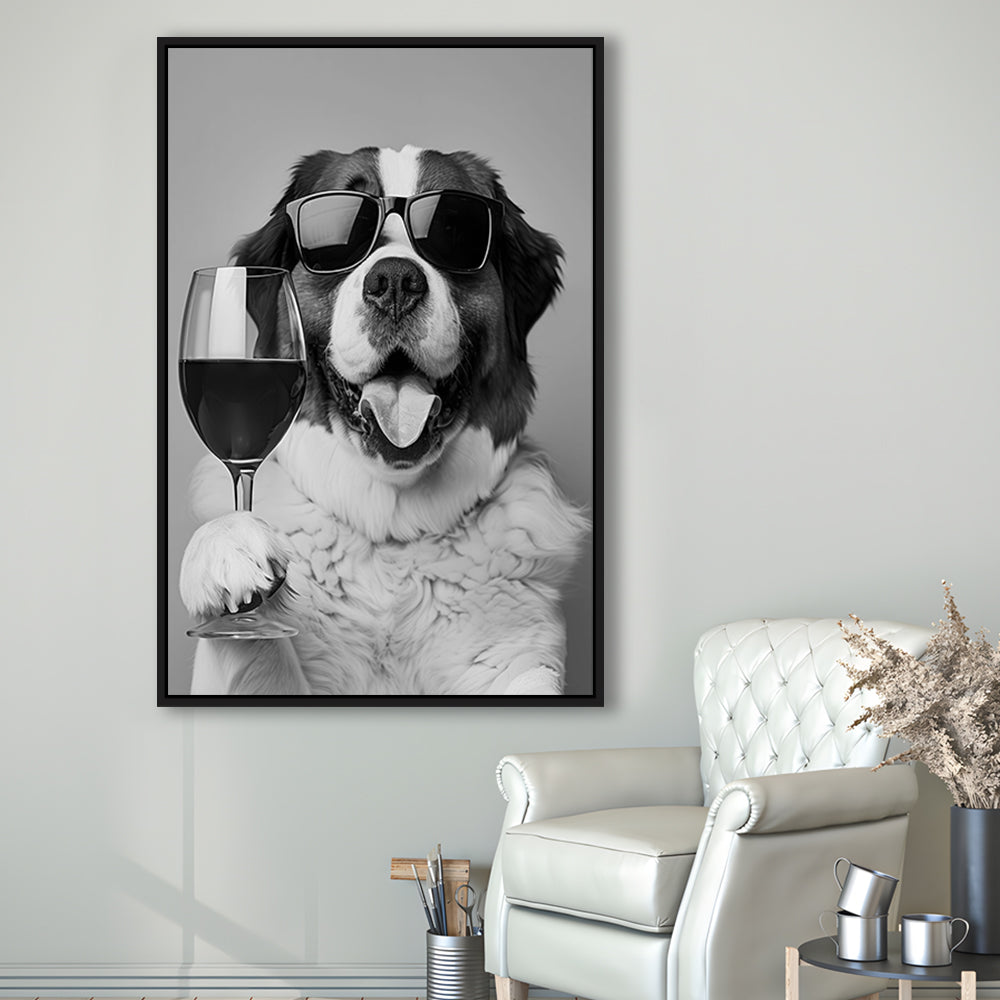 St Bernard and Wine Framed Canvas Print Wall Art, Black and White, Saint Bernard Gift, Bar Cart Art, Kitchen Wall Decor