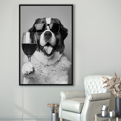 St Bernard and Wine Framed Canvas Print Wall Art, Black and White, Saint Bernard Gift, Bar Cart Art, Kitchen Wall Decor