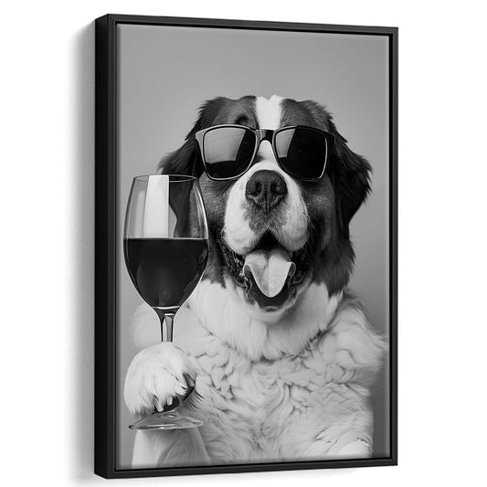 St Bernard and Wine Framed Canvas Print Wall Art, Black and White, Saint Bernard Gift, Bar Cart Art, Kitchen Wall Decor