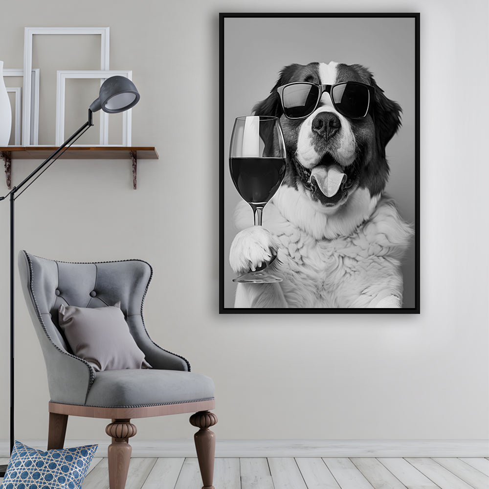 St Bernard and Wine Framed Canvas Print Wall Art, Black and White, Saint Bernard Gift, Bar Cart Art, Kitchen Wall Decor