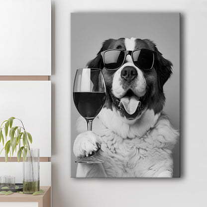 St Bernard and Wine Canvas Print Wall Art, Black and White, Saint Bernard Gift, Bar Cart Art, Kitchen Wall Decor