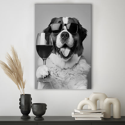 St Bernard and Wine Canvas Print Wall Art, Black and White, Saint Bernard Gift, Bar Cart Art, Kitchen Wall Decor