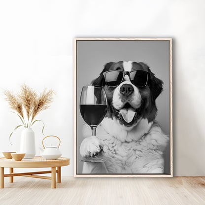 St Bernard and Wine Framed Canvas Print Wall Art, Black and White, Saint Bernard Gift, Bar Cart Art, Kitchen Wall Decor