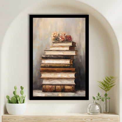 Stack of Old Books Oil Painting Academia Vintage Style Art, Framed Art Print Wall Decor, Picture Framed