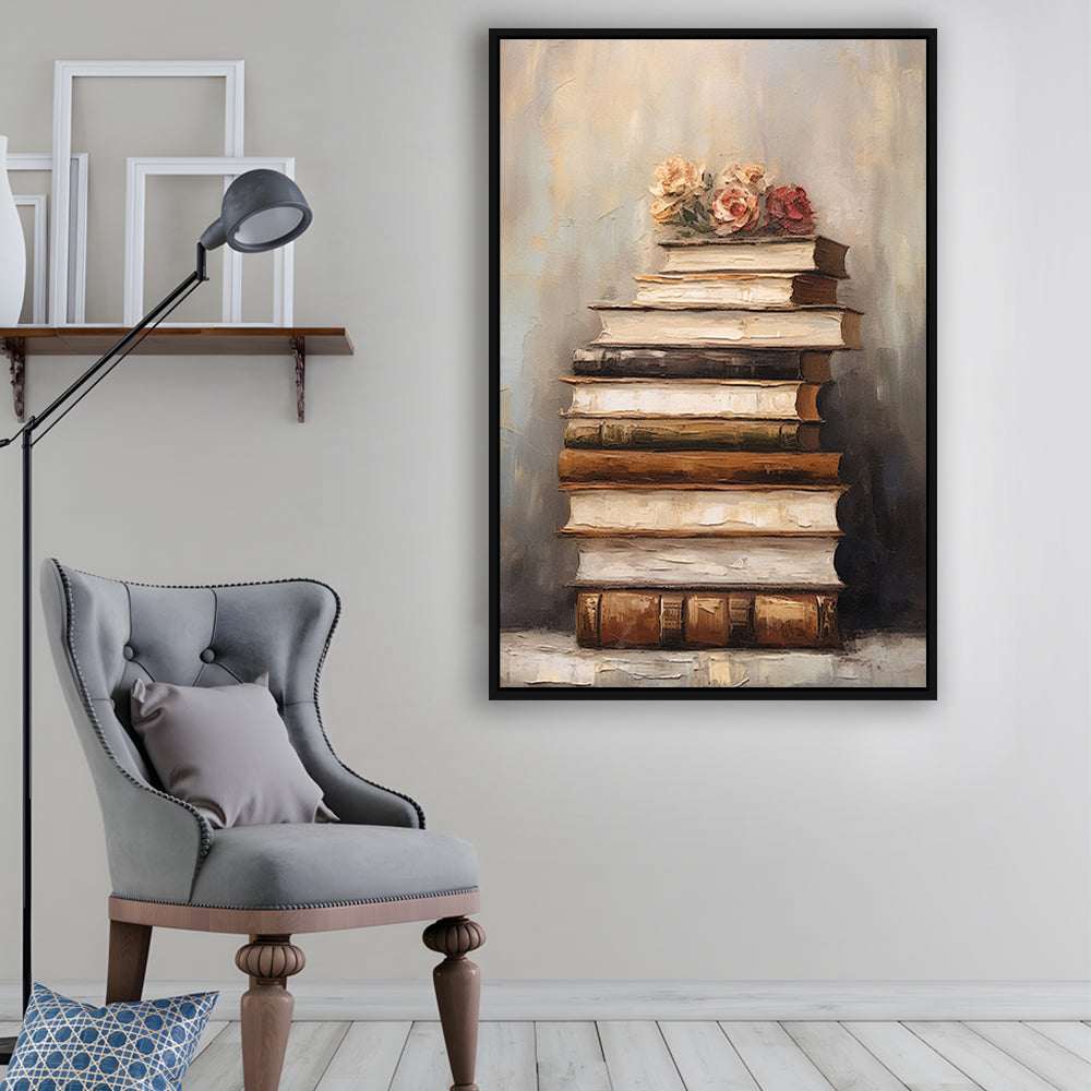 Stack of Old Books Oil Painting Academia Vintage Style Art, Framed Canvas Print Wall Art, Floating Frame