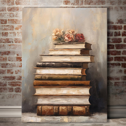 Stack of Old Books Oil Painting Academia Vintage Style Art, Canvas Print Wall Art, Wall Decor, Painting Canvas