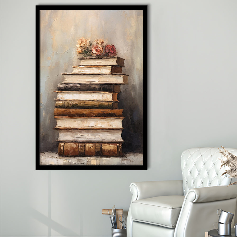 Stack of Old Books Oil Painting Academia Vintage Style Art, Framed Art Print Wall Decor, Picture Framed